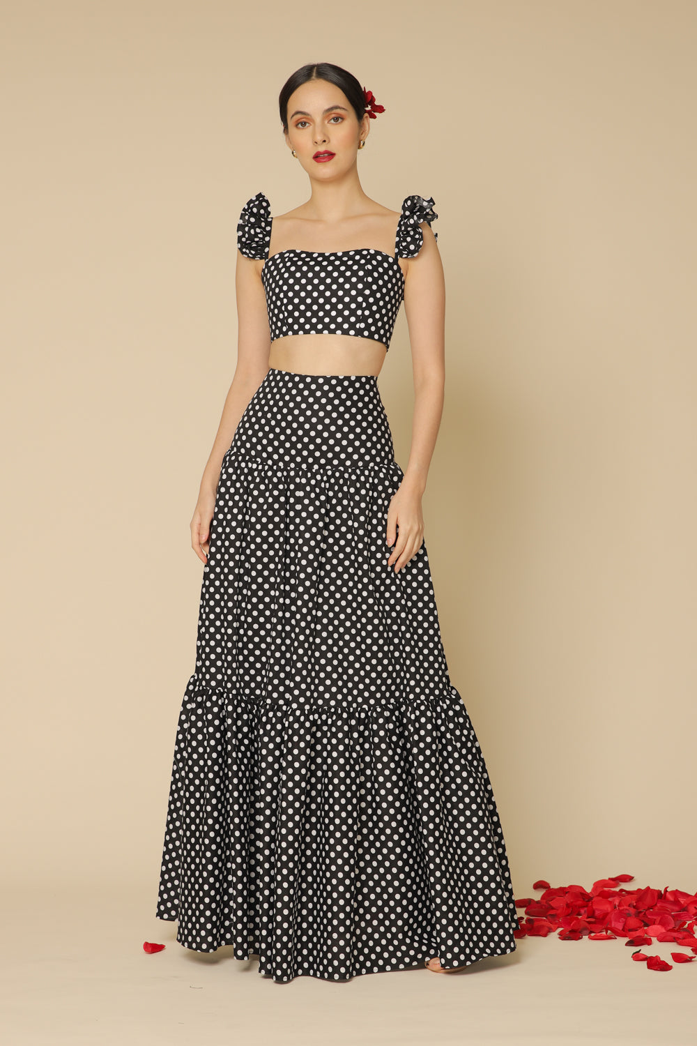GUADA DRESS Crop Ruffle Top and High Waist Shirred Maxi Skirt