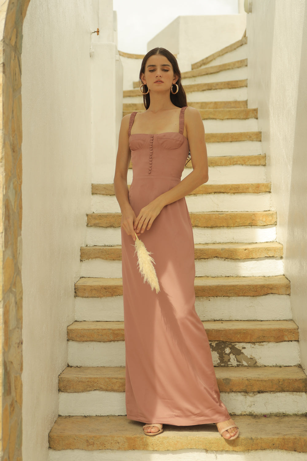 DELPHINE Gathered Strap Maxi Dress with Covered Button Detail (Old Rose Silk)