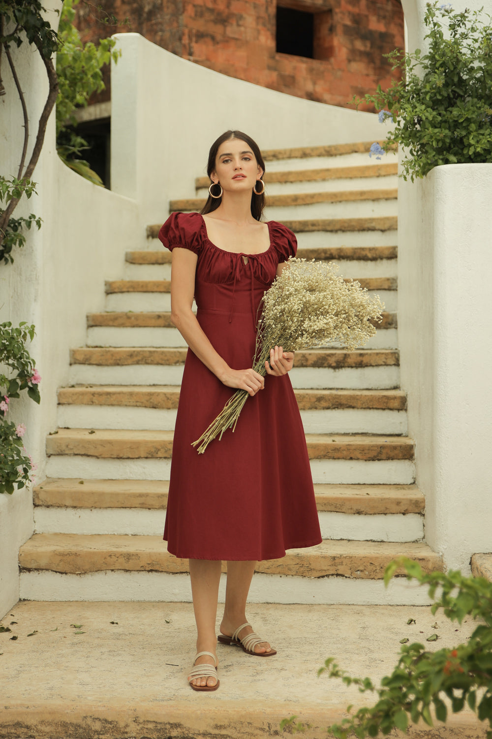 MATHILDE Puffy Sleeve Midi Dress with Gathered Cup (Maroon Linen)