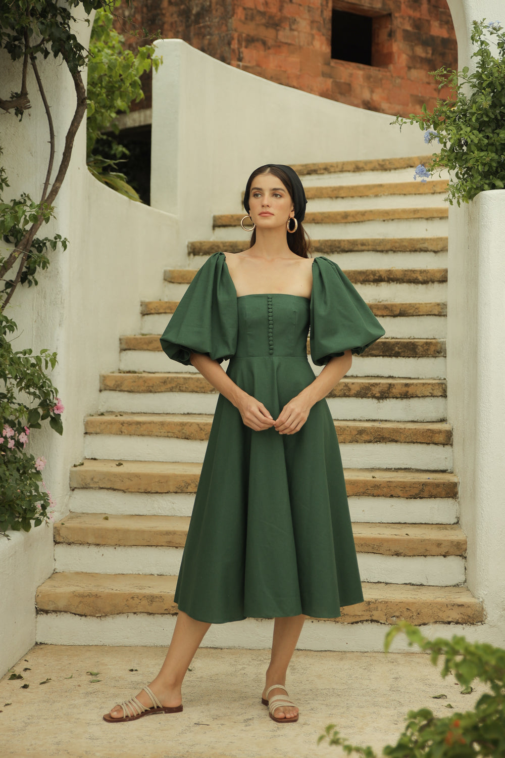 MARSEILLE Two Way Puff Sleeve Midi Dress with Covered Buttons and Square Neckline (EMERALD GREEN LINEN) MARSEILLE Two Way Puff Sleeve Midi Dress with Covered Buttons and Square Neckline (EMERALD GREEN LINEN)