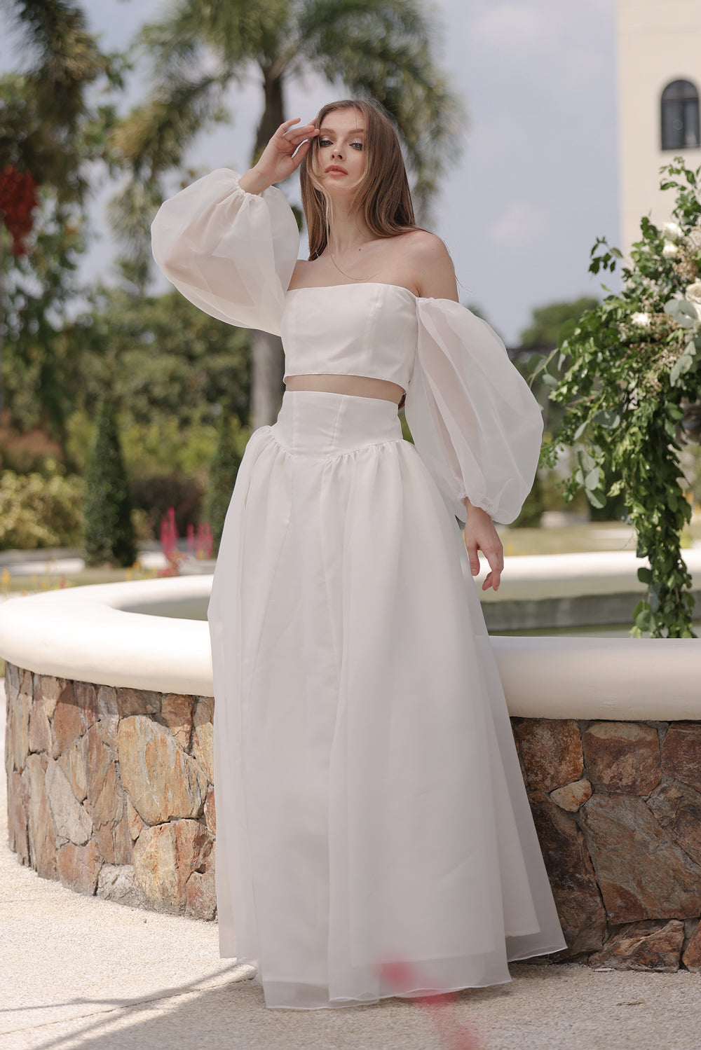 PERLITA SET Puff Sleeve Top with Baroque Style High Waist Maxi Skirt (Ivory White Matte Organdy)