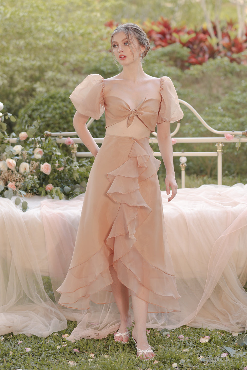 LUPE SET Crop Top with Wrap Ruffled Skirt (Tan Matte Organdy)