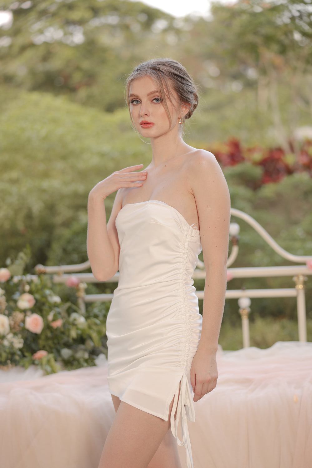 white silk ruched dress BLANCA Strapless Ruched Side Mini Silk Dress (Ivory White Silk Crepe)