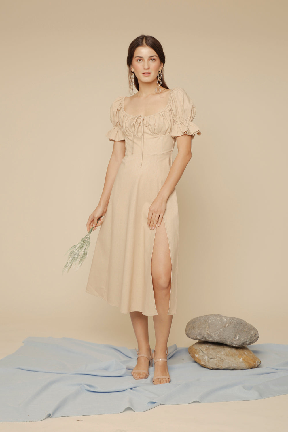 FERNANDA Puff Sleeve Midi Dress with Frill and Drawstring Detail and High Slit (Nude Linen) FERNANDA Puff Sleeve Midi Dress with Frill and Drawstring Detail and High Slit (Nude Linen)