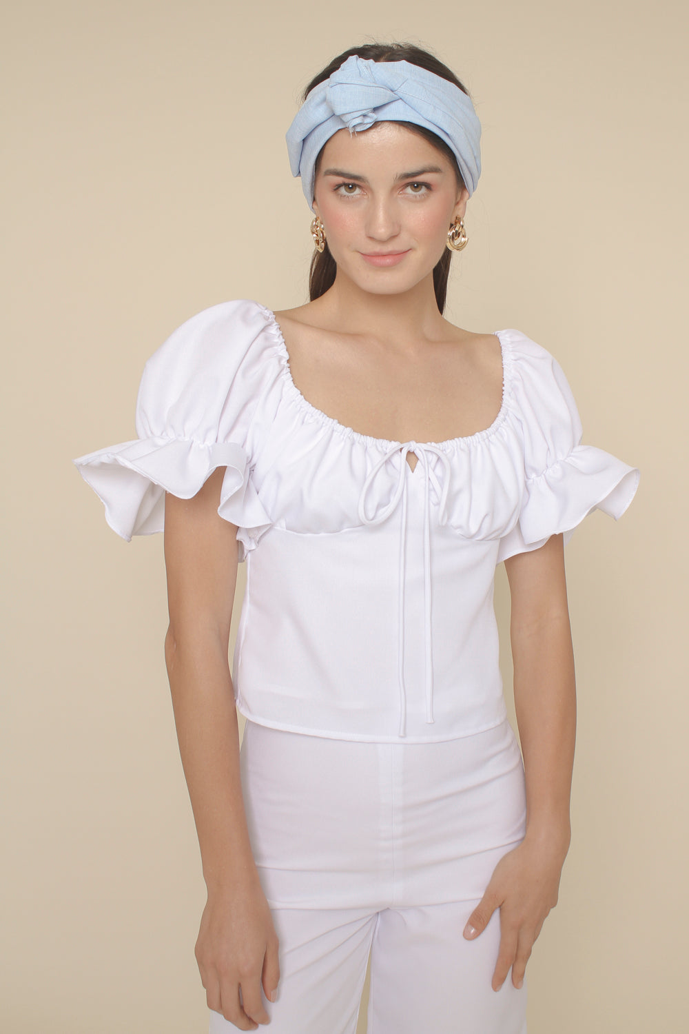 FLOR TOP Puff Sleeve Top with Frill and Drawstring Detail White