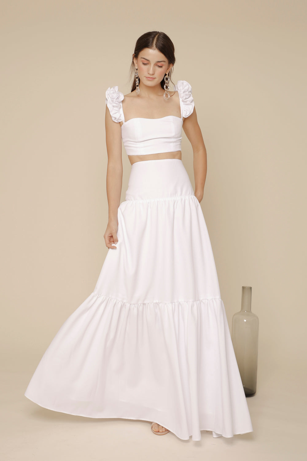 GUADA DRESS Crop Ruffle Top and High Waist Shirred Maxi Skirt White Linen