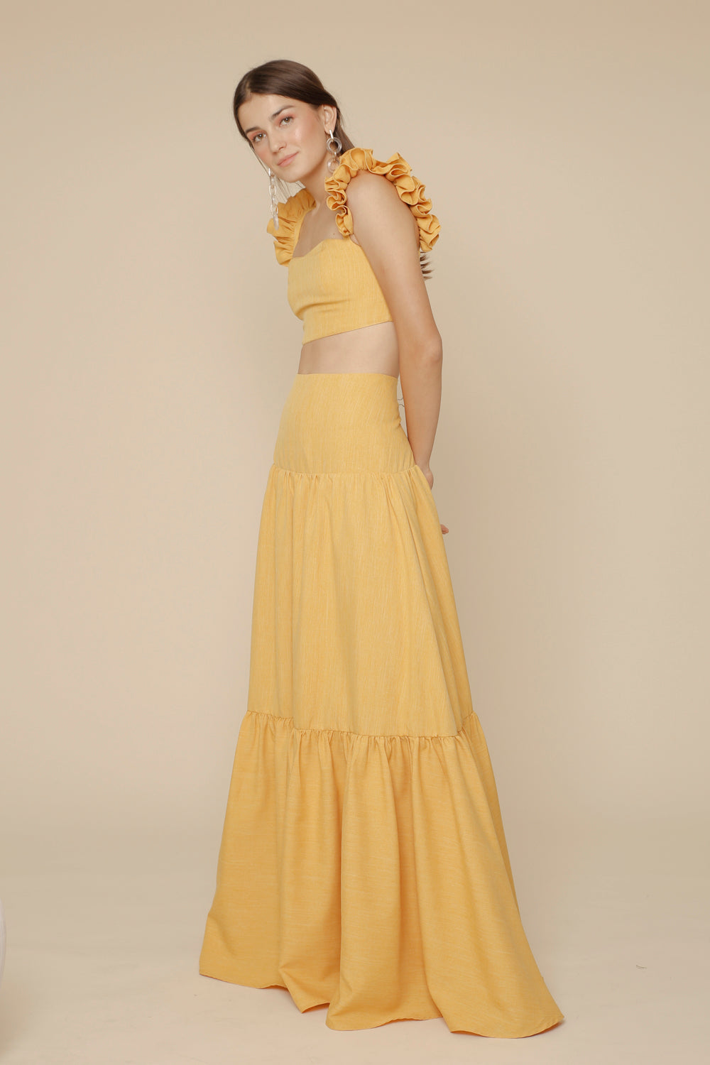 GUADA DRESS Crop Ruffle Top and High Waist Shirred Maxi Skirt (Yellow – Zoo  Label