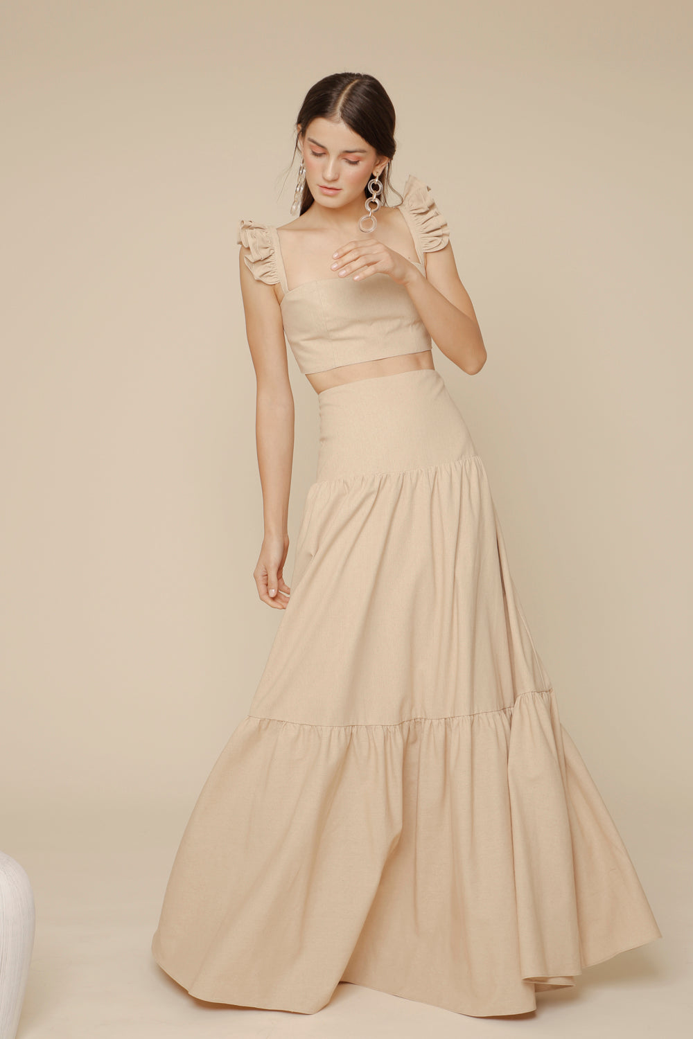 GUADA DRESS Crop Ruffle Top and High Waist Shirred Maxi Skirt (Nude Linen)