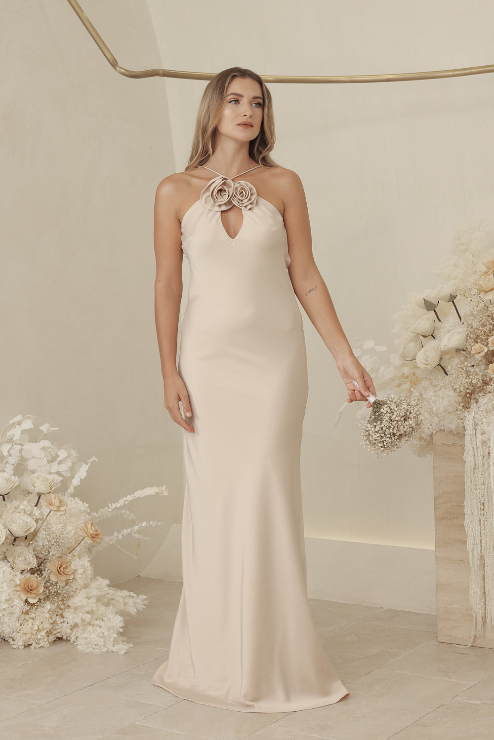 ANTOINETTE Full Length Silk Dress with Two Floral Detail on Neckline and Open Back (Nude Silk Crepe) ANTOINETTE Full Length Silk Dress with Two Floral Detail on Neckline and Open Back (Nude Silk Crepe)