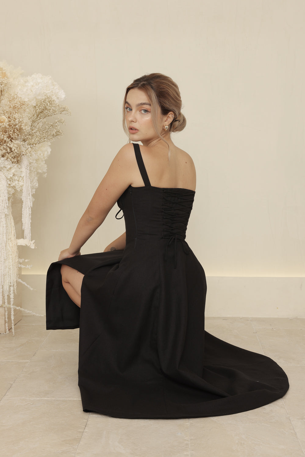 AMOUR Strappy Corset Style Midi Dress with Lace Up Back Detail (Black Linen) AMOUR Strappy Corset Style Midi Dress with Lace Up Back Detail (Black Linen)