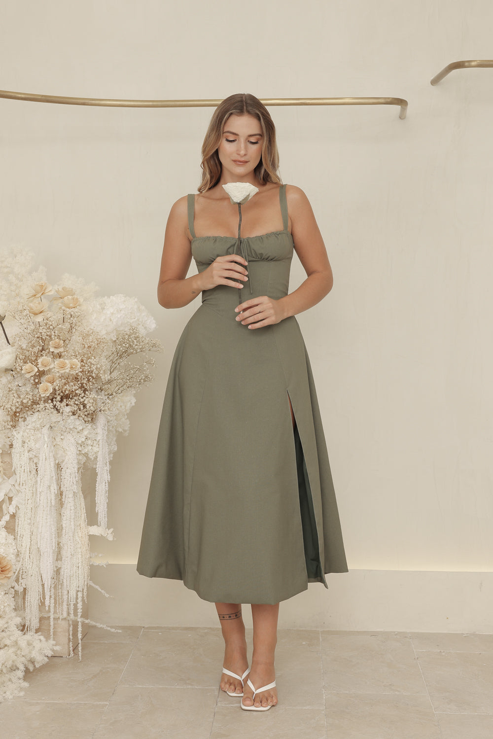 AMOUR Strappy Corset Style Midi Dress with Lace Up Back Detail (Olive Zoo Label AMOUR Strappy Corset Style Midi Dress with Lace Up Back Detail (Olive Zoo Label