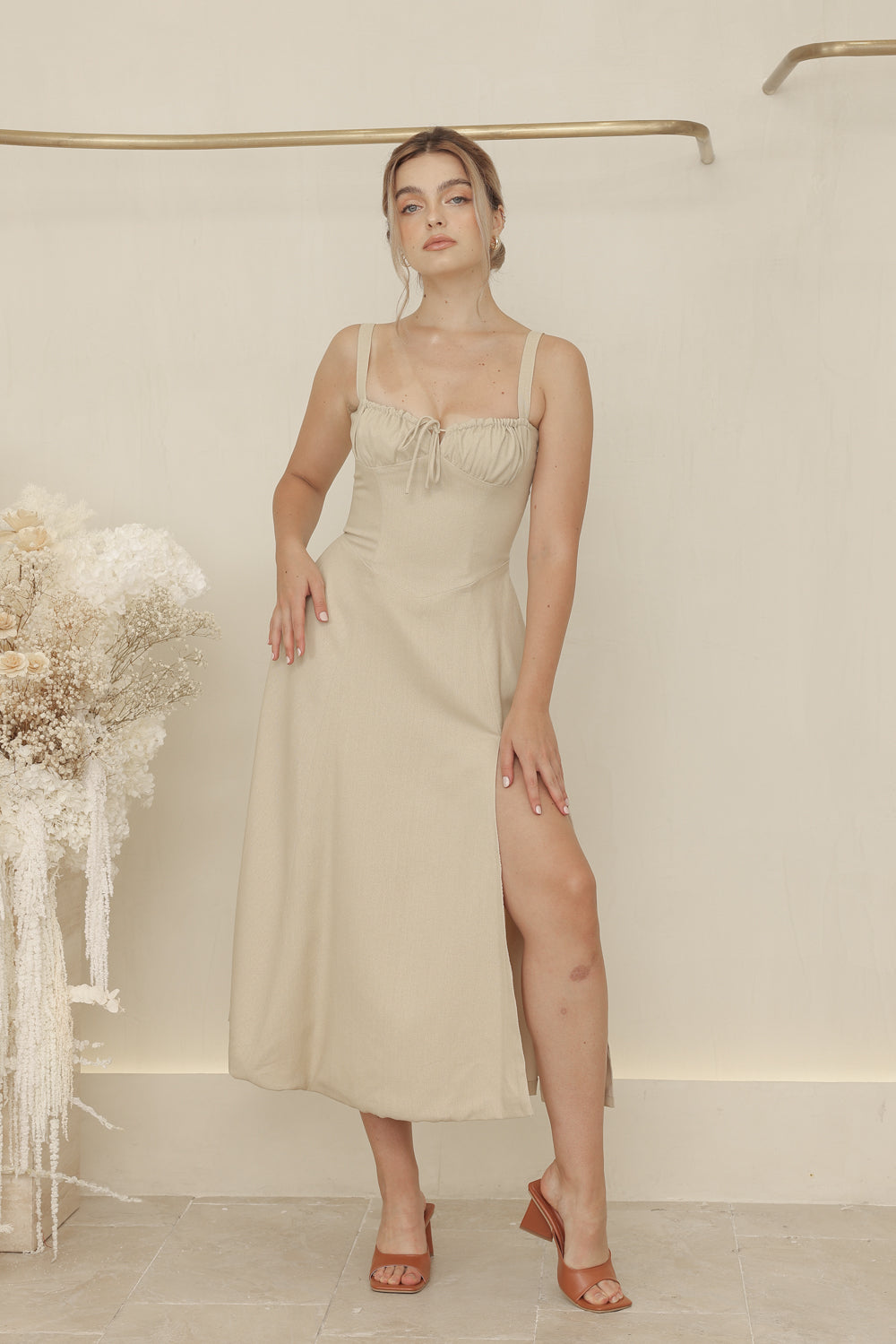AMOUR Strappy Corset Style Midi Dress with Lace Up Back Detail (Nude Linen) AMOUR Strappy Corset Style Midi Dress with Lace Up Back Detail (Nude Linen)