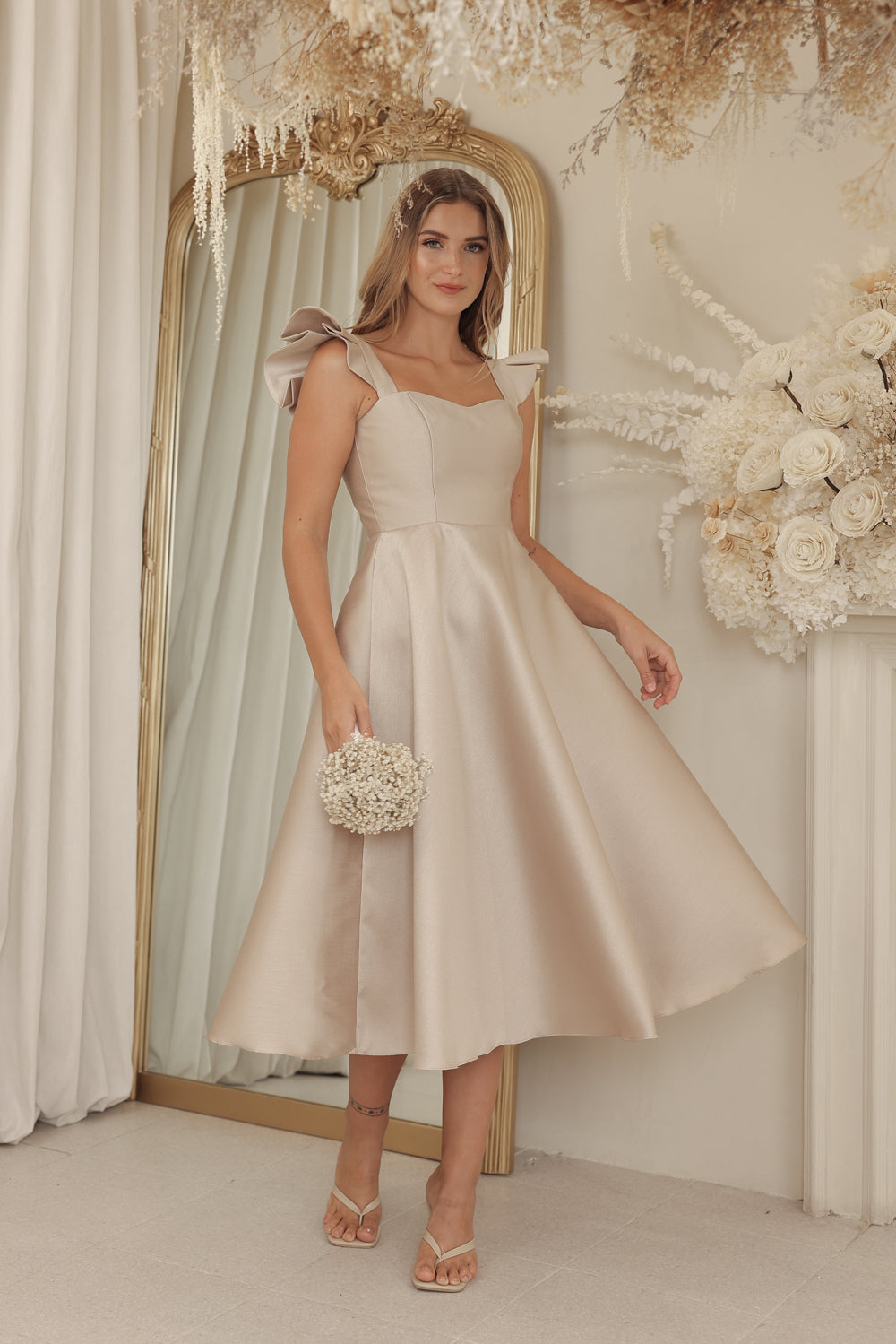 CLAUDE Ruffle Sleeve Mid Length Gown with Lace Up Back Detail (Tan Gazaar) CLAUDE Ruffle Sleeve Mid Length Gown with Lace Up Back Detail (Tan Gazaar)