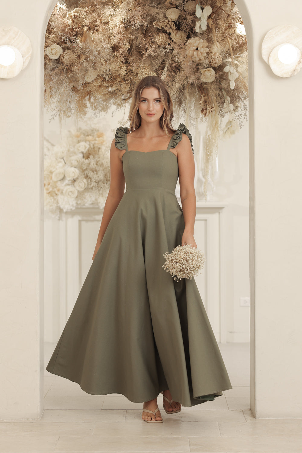 Bridesmaid Dresses Tan Dress With Sleeves COSETTE Ruffle Sleeve Full Length Dress With Pockets (Olive Linen) Zoo Label Bridesmaid Dresses Tan Dress With Sleeves COSETTE Ruffle Sleeve Full Length Dress With Pockets (Olive Linen) Zoo Label