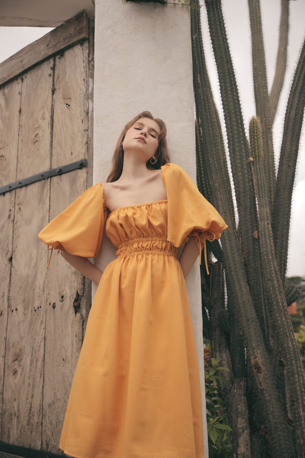 OIA Two Way Puff Sleeve Midi Dress with Gathered Detail and Square Neckline (Yellow Chambray)