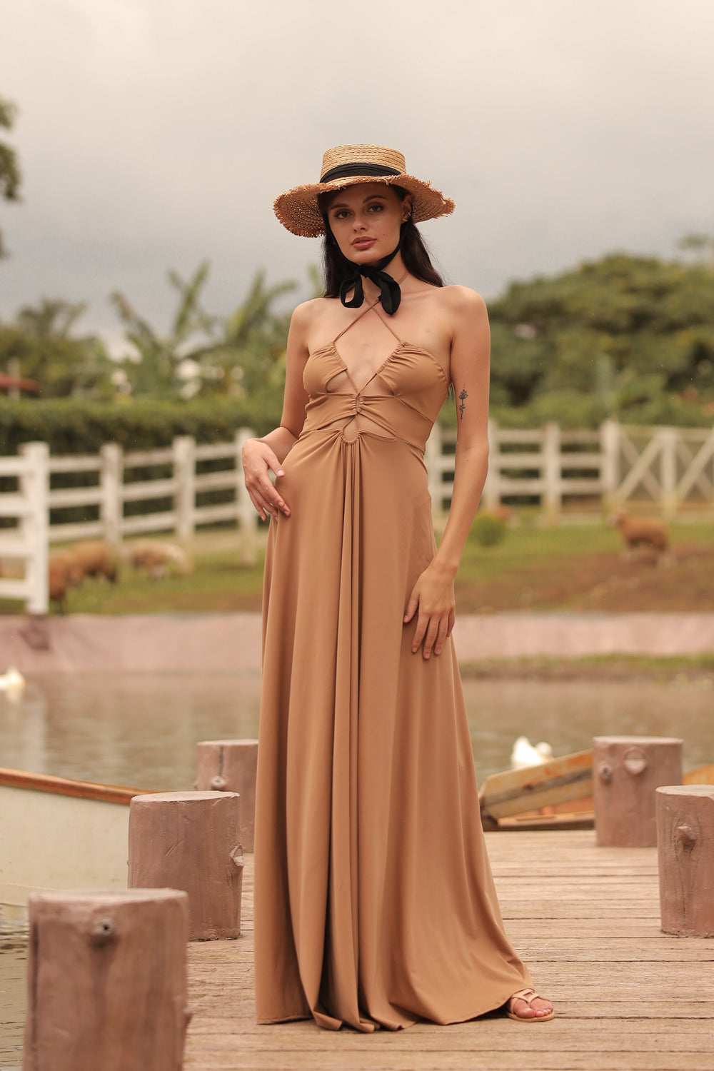 CAPUCINE Tie Front Multiway Halter Stretch Maxi Dress (Brown) CAPUCINE Tie Front Multiway Halter Stretch Maxi Dress (Brown)