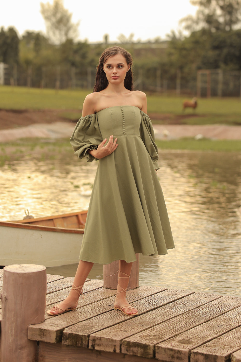 MARSEILLE Two Way Puff Sleeve Midi Dress with Covered Buttons (Avocado Zoo Label MARSEILLE Two Way Puff Sleeve Midi Dress with Covered Buttons (Avocado Zoo Label