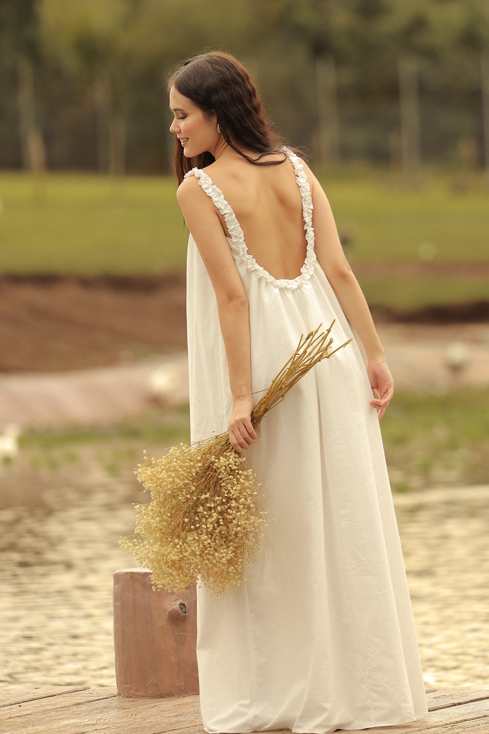 CELESTINE Backless Maxi Dress with Ruffle Detail (White Linen)