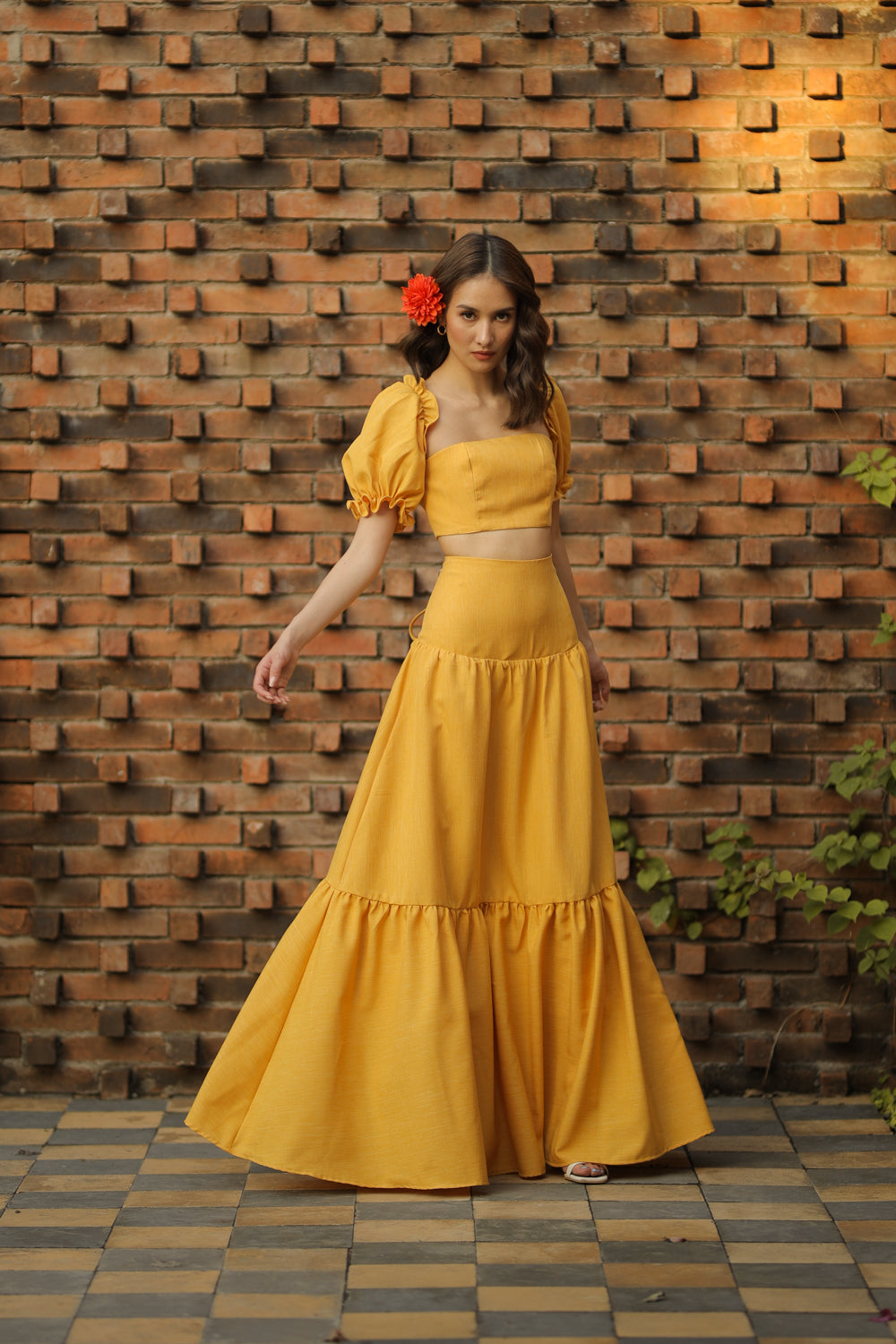 PALMIRA DRESS Puff Sleeve Crop Blouse with Cross Tie Back and High