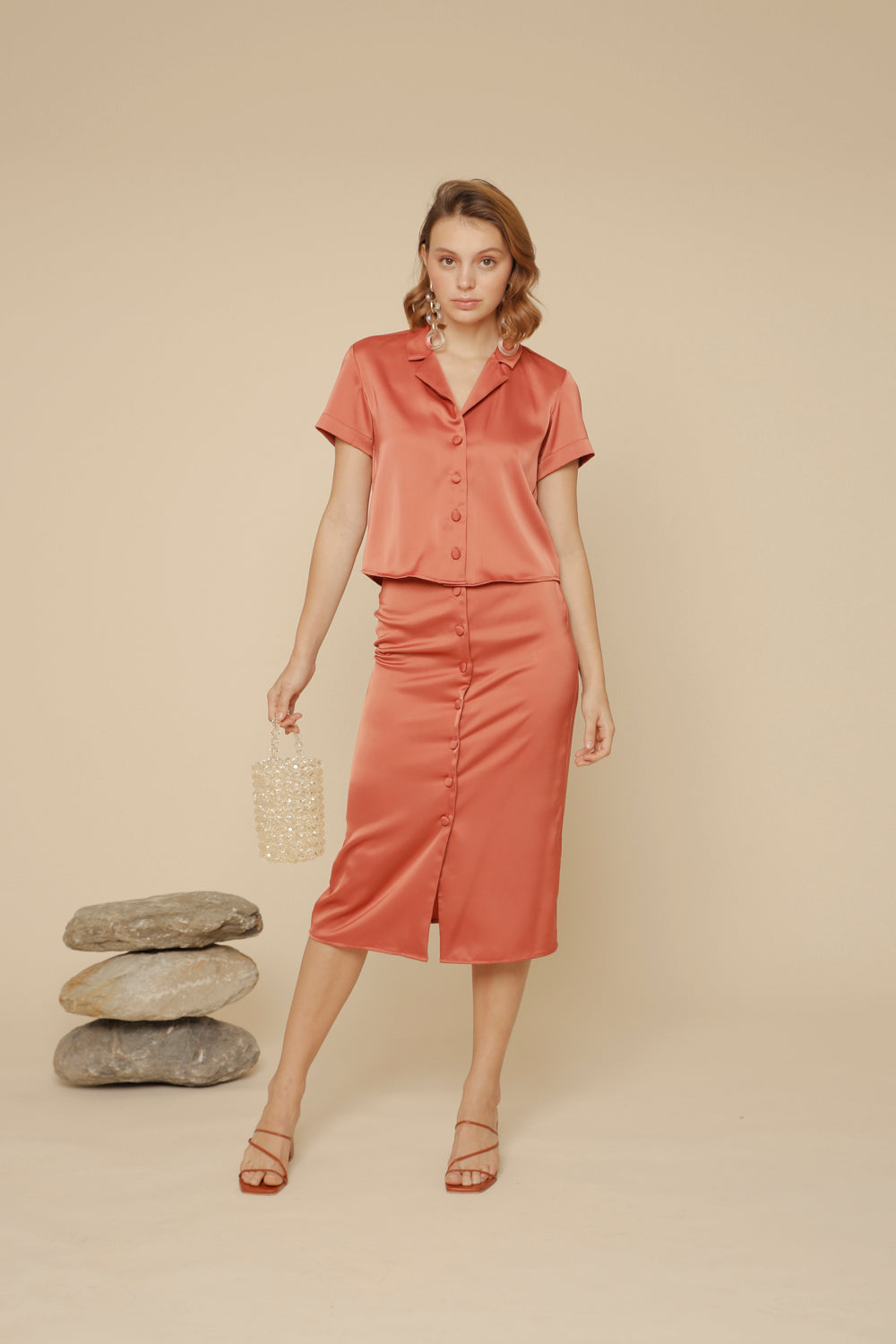 SALOME SET Silk Collared Blouse and Pencil Skirt with Covered Buttons (Rust Silk)