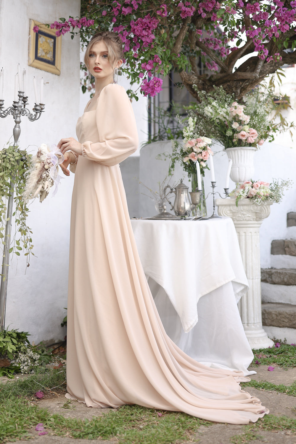 SIENNA Full Sleeve Chiffon Maxi Dress with Trail and Covered Button Back Detail (Beige Chiffon)
