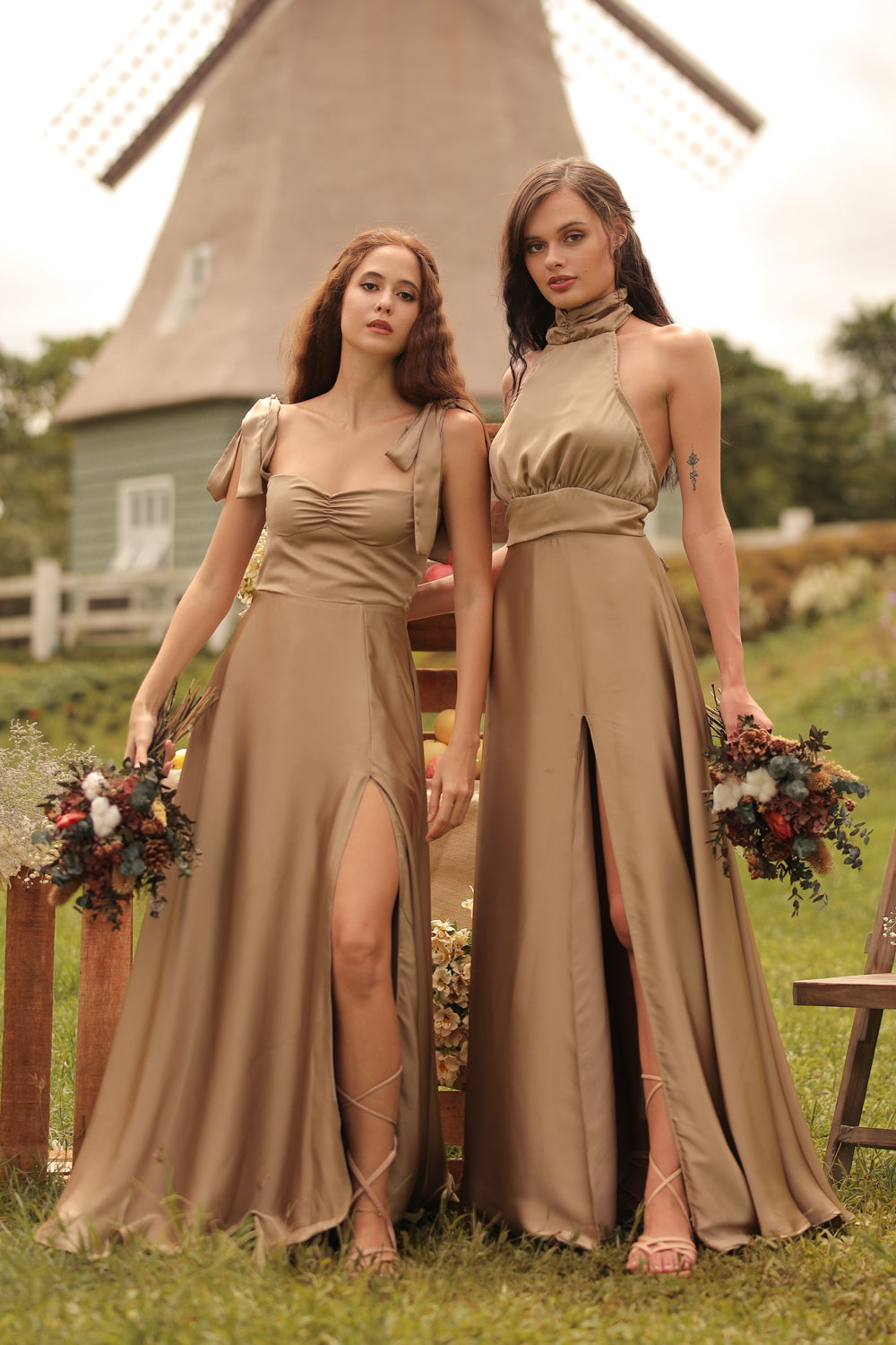 FLORENTINE SET DRESS Halter Tie Back Dress with Slit Maxi Skirt (Olive SC Silk) FLORENTINE SET DRESS Halter Tie Back Dress with Slit Maxi Skirt (Olive SC Silk)