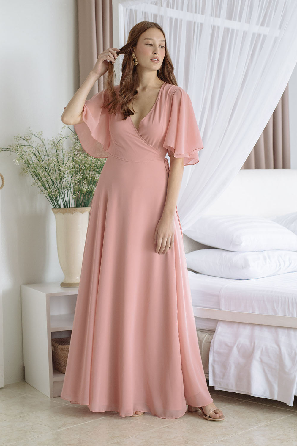 long pink dress with sleeves Vintage A Line Straps Prom Dresses P1776 PreppyDress evening events Applique A-Line Pink Chiffon Long