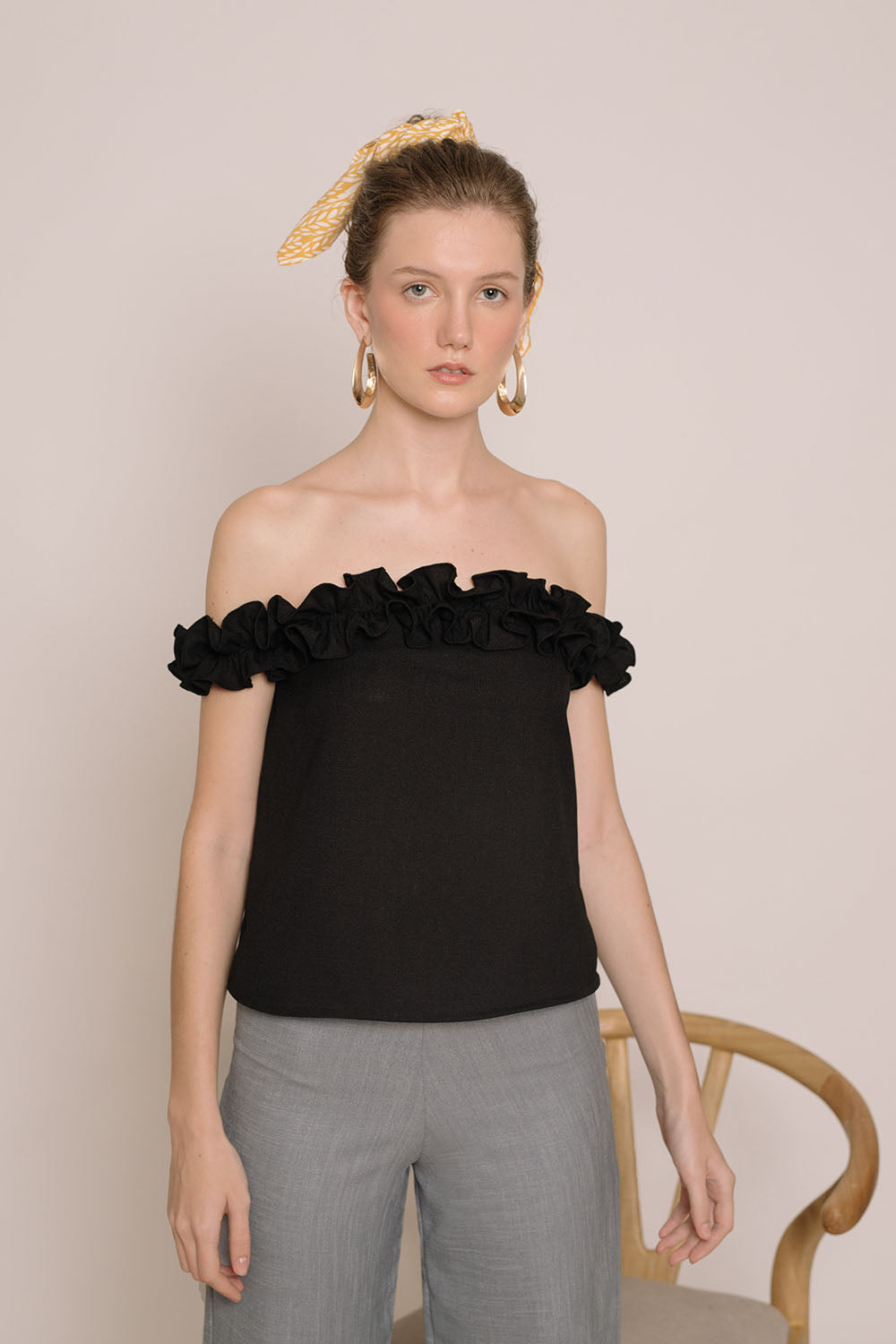 ELSA Ruffled Off Shoulder Top Black Linen Zoo Label