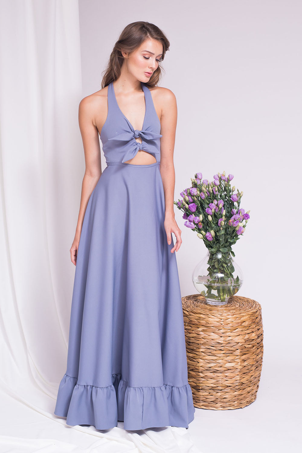 MERIDA Double Bow Halter Maxi Dress with Ruffled Hem Serenity Blue