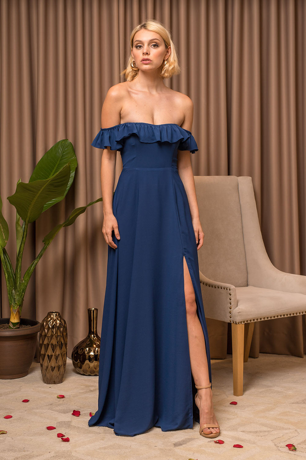 TALITA Off Shoulder Ruffled Maxi Dress with Slit (Midnight Blue Chiffon)