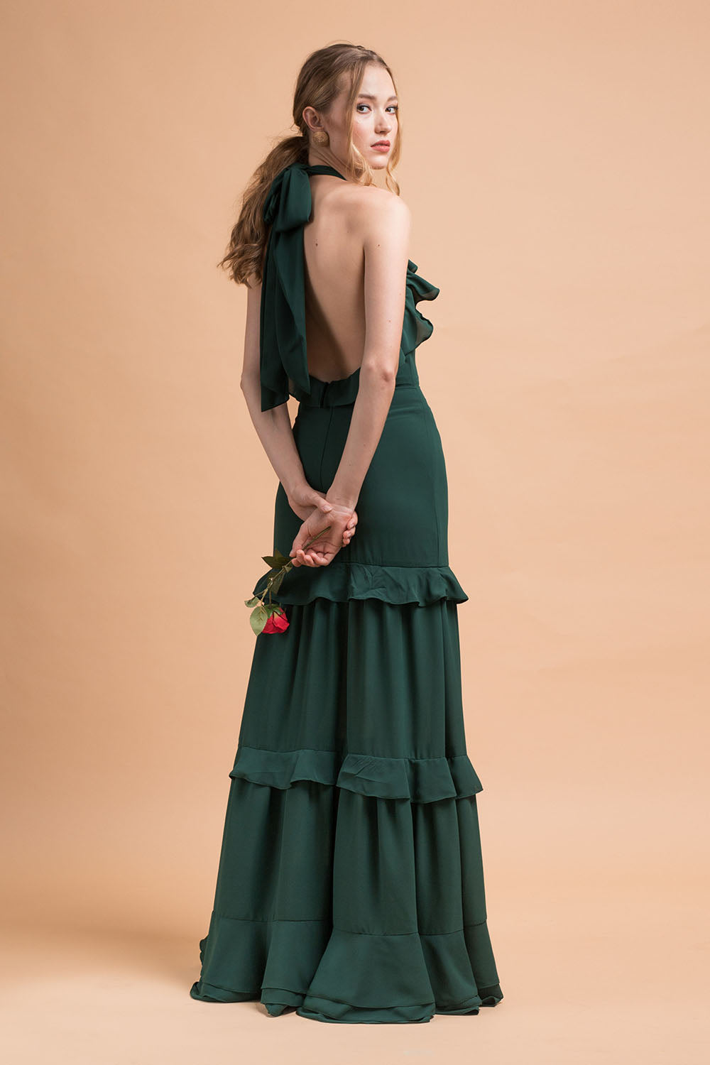 HERMOSA Chiffon Maxi with Layered Ruffles and Tie Back (Emerald Green Zoo Label HERMOSA Chiffon Maxi with Layered Ruffles and Tie Back (Emerald Green Zoo Label