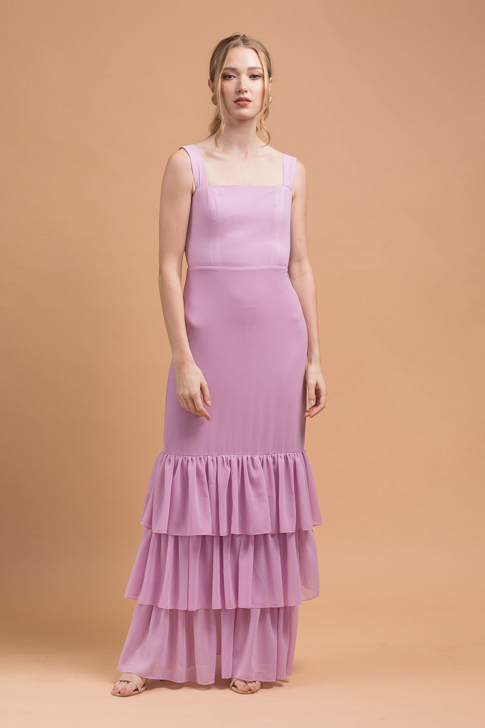 TIJUANA Layered Ruffle Maxi Dress with Thick Straps Lilac Chiffon