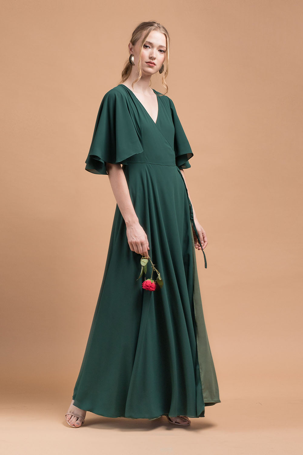 AGATHA Wrap Chiffon Maxi Dress with Wide Sleeves (Emerald Green Chiffo Zoo Label AGATHA Wrap Chiffon Maxi Dress with Wide Sleeves (Emerald Green Chiffo Zoo Label