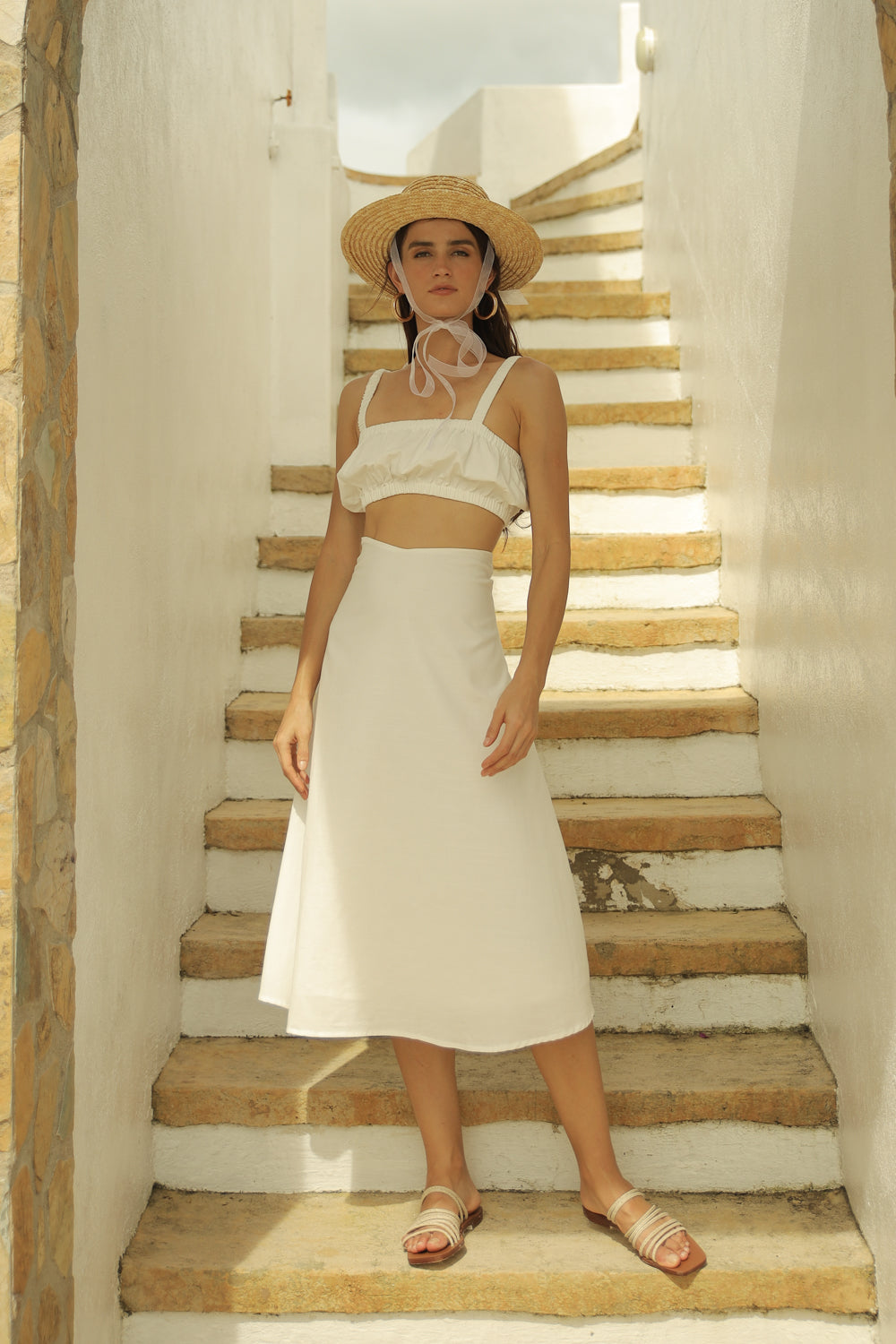 AGNES SET Gathered Crop Top with Midi Skirt (White Linen)