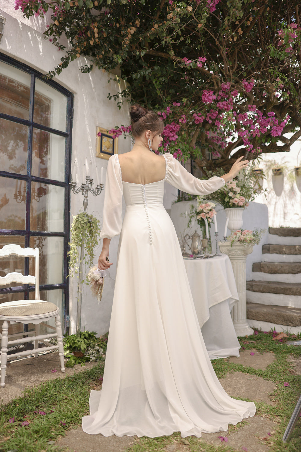 SIENNA Full Sleeve Chiffon Maxi Dress with Trail and Covered Button Back Detail (White Chiffon) SIENNA Full Sleeve Chiffon Maxi Dress with Trail and Covered Button Back Detail (White Chiffon)