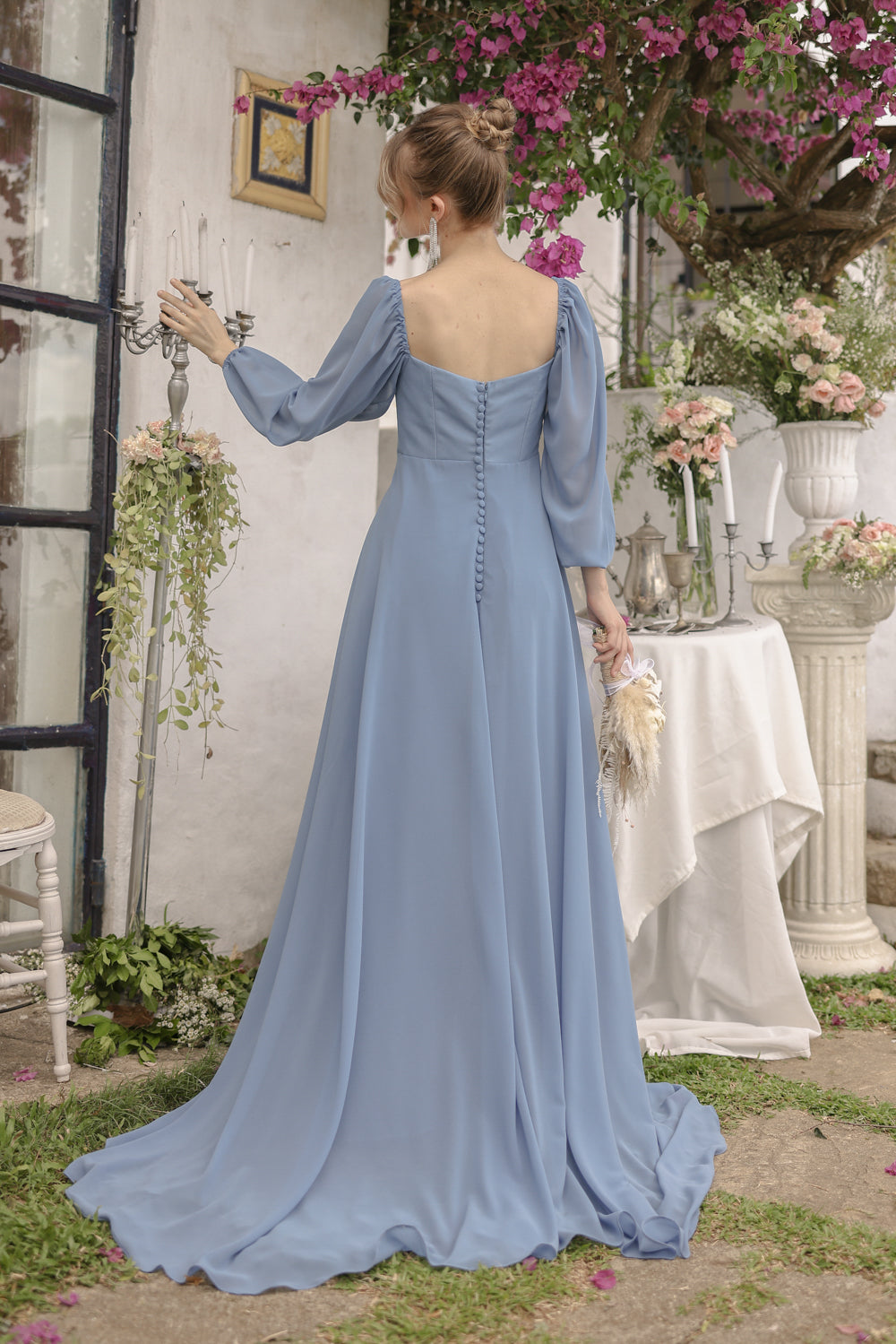 SIENNA Full Sleeve Chiffon Maxi Dress with Trail and Covered Button Back Detail (Serenity Blue Chiffon) SIENNA Full Sleeve Chiffon Maxi Dress with Trail and Covered Button Back Detail (Serenity Blue Chiffon)