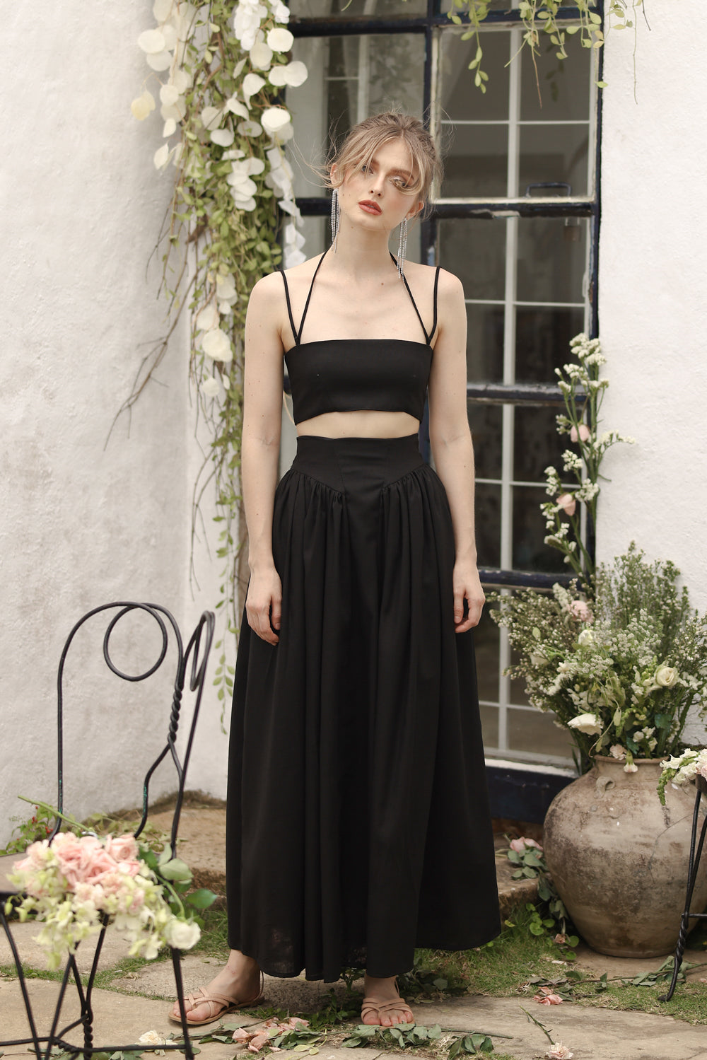 ZETA SET Crop Bandeau Top and High Waist Baroque Style Midi Skirt (Black Linen)