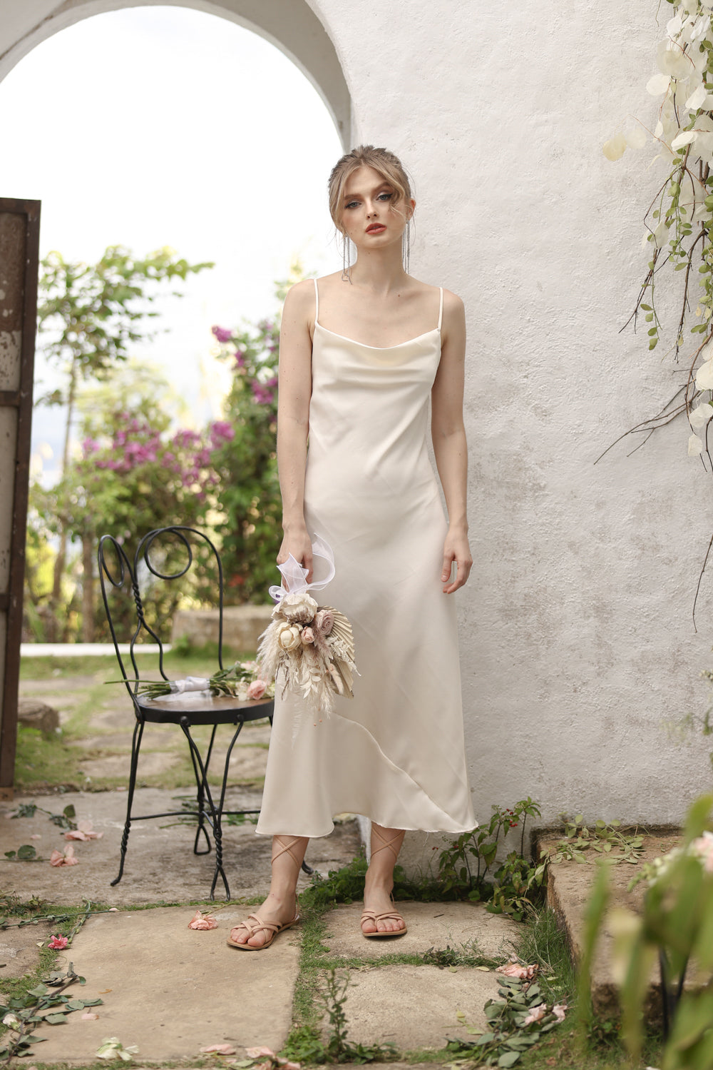 GIRALDA Cowl Neck Silk Midi Dress (Ivory White Italian Silk)