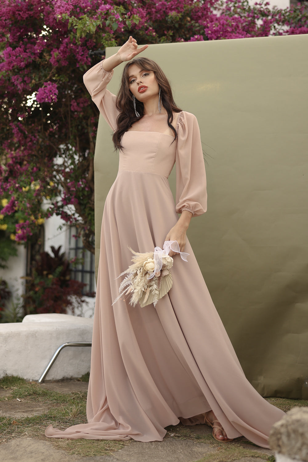 SIENNA Full Sleeve Chiffon Maxi Dress with Trail and Covered Button Back Detail (Nude Chiffon) SIENNA Full Sleeve Chiffon Maxi Dress with Trail and Covered Button Back Detail (Nude Chiffon)