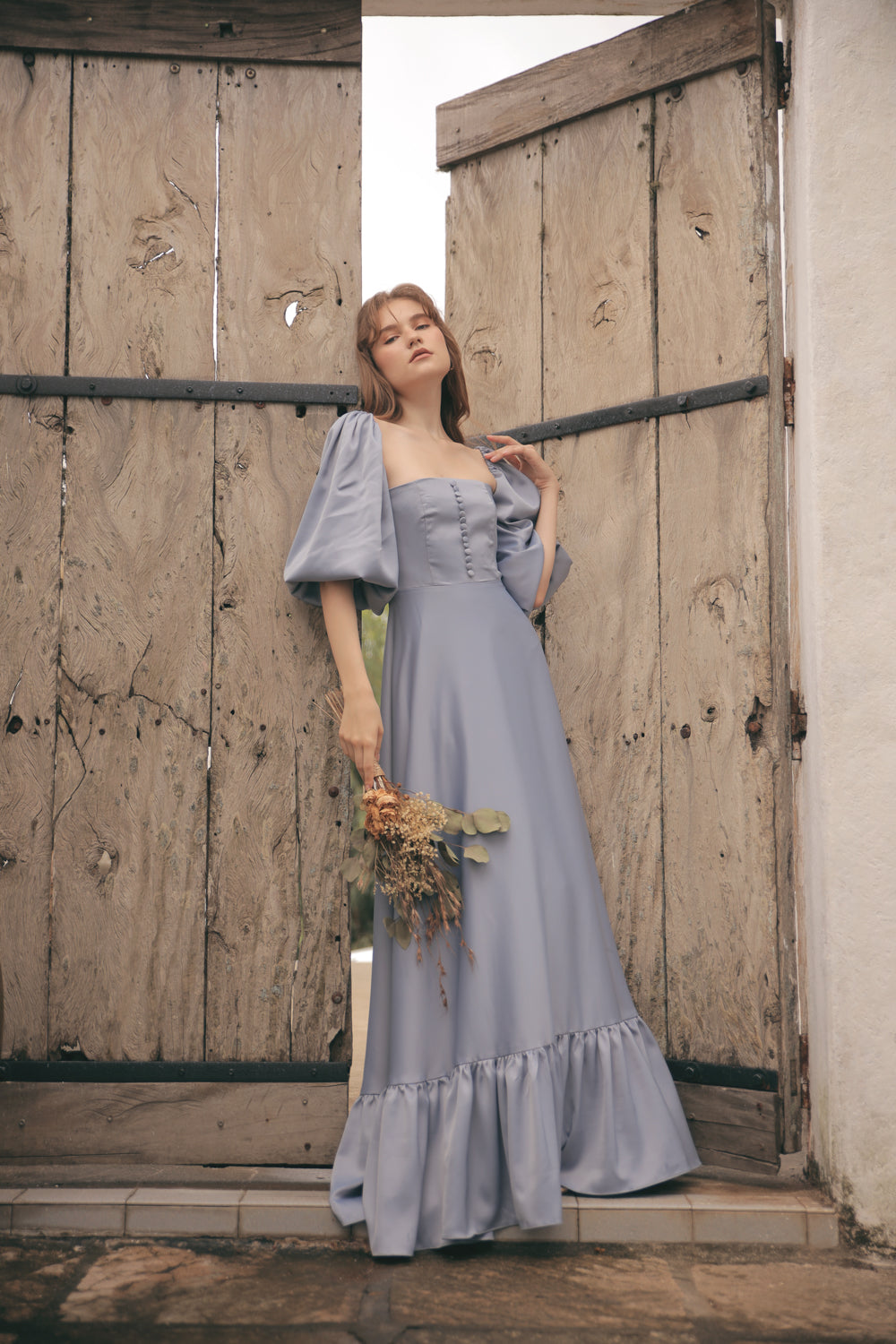 FIRA Two Way Puff Sleeve Maxi Dress with Covered Buttons and Square Neckline (Serenity Blue Silk) FIRA Two Way Puff Sleeve Maxi Dress with Covered Buttons and Square Neckline (Serenity Blue Silk)