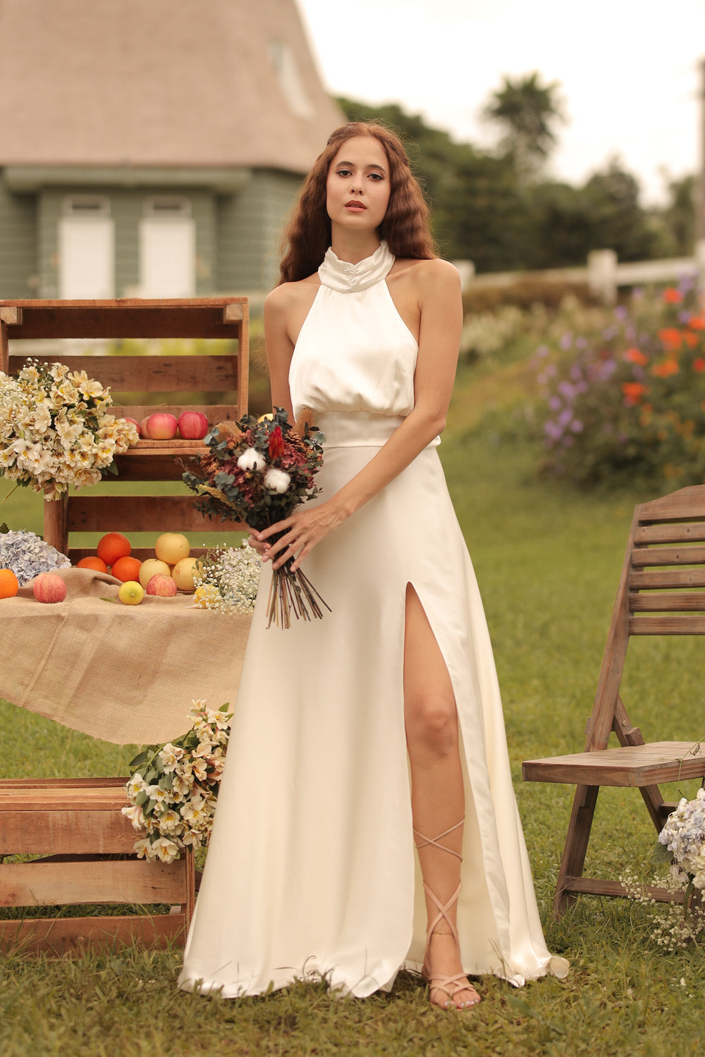 FLORENTINE SET DRESS Halter Tie Back Dress with Slit Maxi Skirt (White SC Silk)