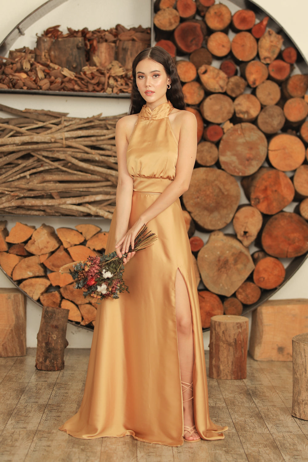 FLORENTINE SET DRESS Halter Tie Back Dress with Slit Maxi Skirt (Bronze SC Silk)