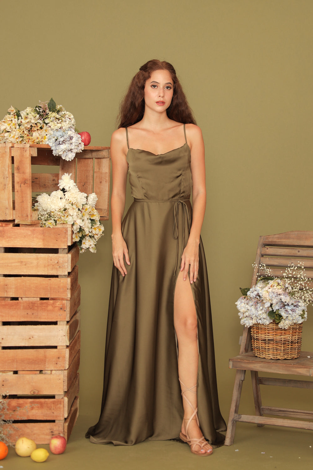 HONORE Cowl Neck Maxi Dress with Slit (Dark Olive SC Silk) Zoo Label HONORE Cowl Neck Maxi Dress with Slit (Dark Olive SC Silk) Zoo Label