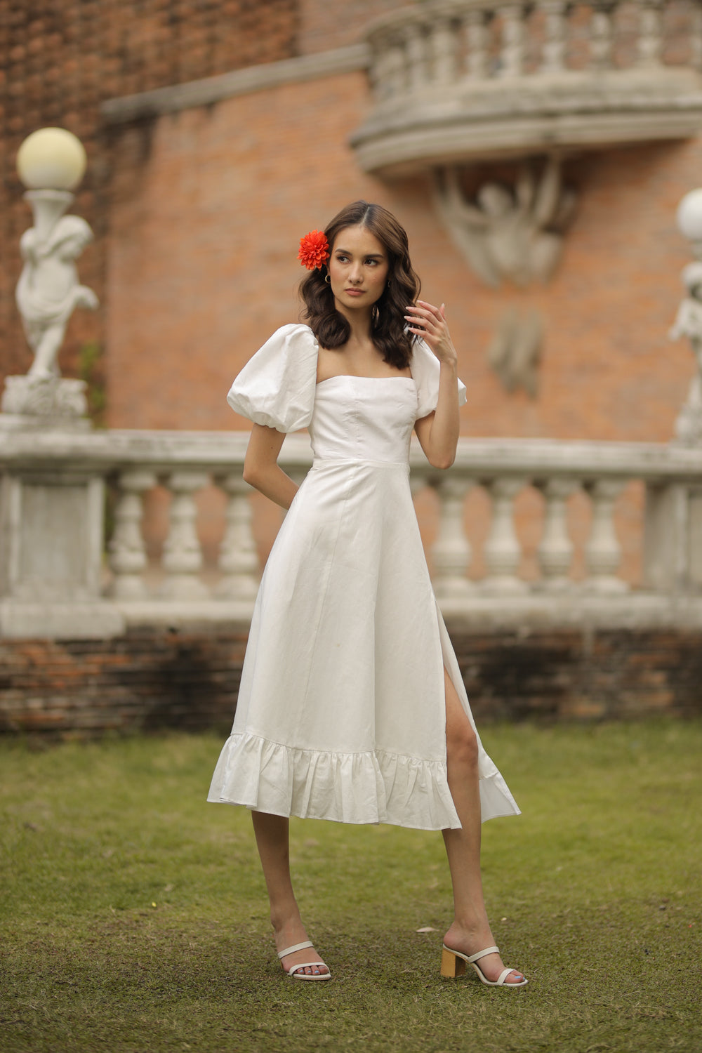 MARCELA Puff Sleeve Semi Sweetheart Midi Dress with Slit and Ruffle Hem (White Linen)