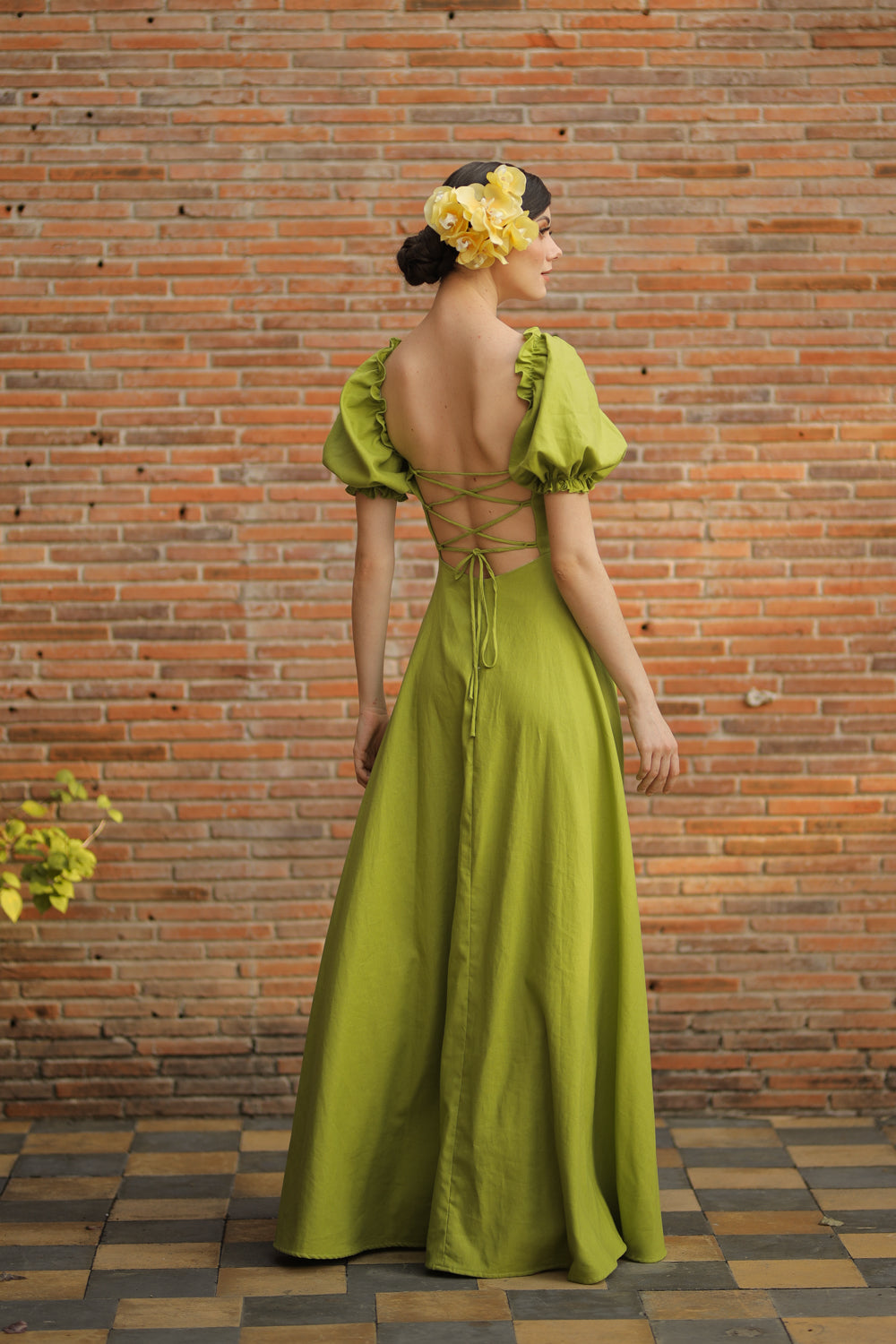 CONCEPCION Puff Sleeve Cross Tie Back Maxi Dress (Lime Green Linen) – Zoo  Label