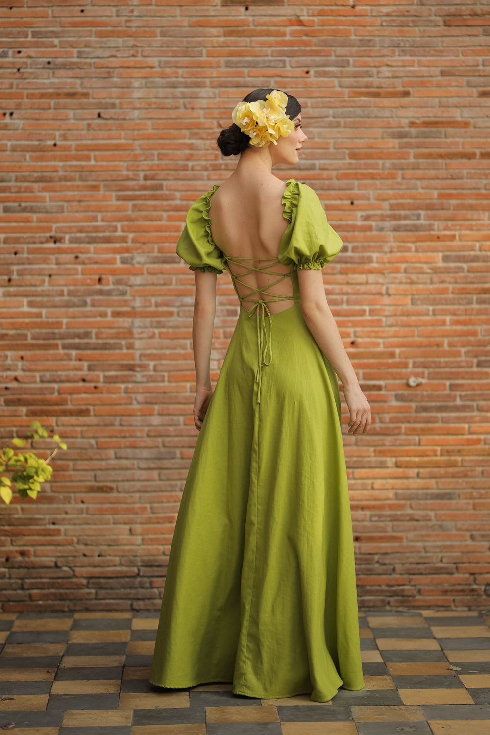 CONCEPCION Puff Sleeve Cross Tie Back Maxi Dress (Lime Green Linen) CONCEPCION Puff Sleeve Cross Tie Back Maxi Dress (Lime Green Linen)