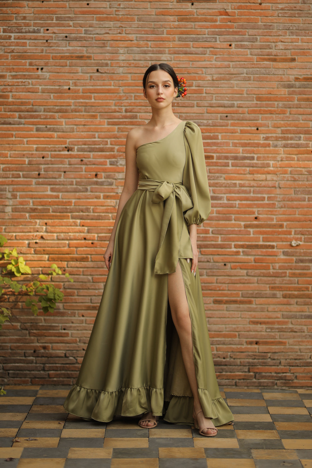 ESMERALDA Asymmetric Puff Sleeve Silk Maxi Dress with Ruffled Hem and Detachable Waist Tie (Olive Silk Crepe)