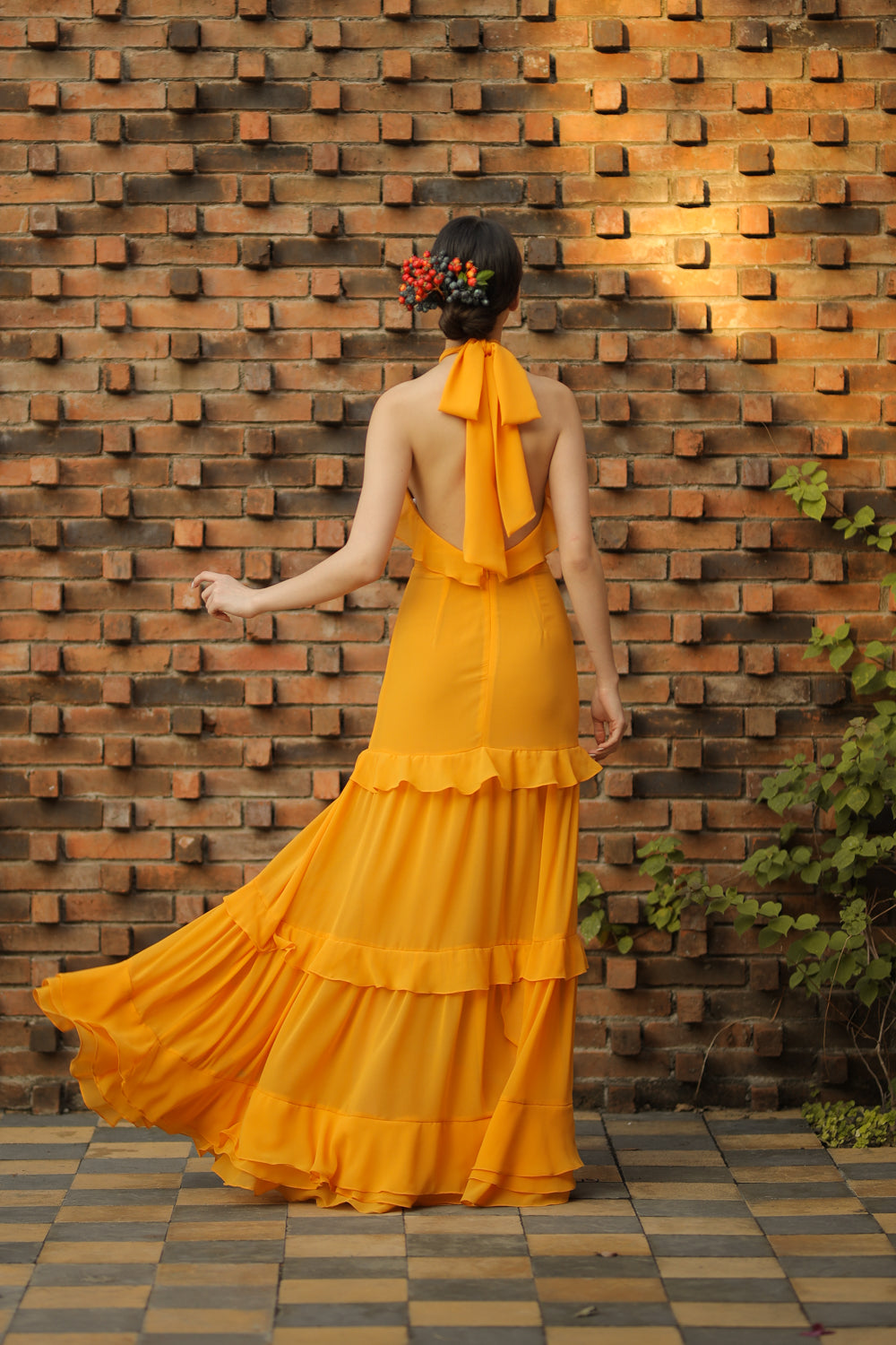 HERMOSA Chiffon Maxi with Layered Ruffles and Tie Back (Marigold Chiffon) HERMOSA Chiffon Maxi with Layered Ruffles and Tie Back (Marigold Chiffon)