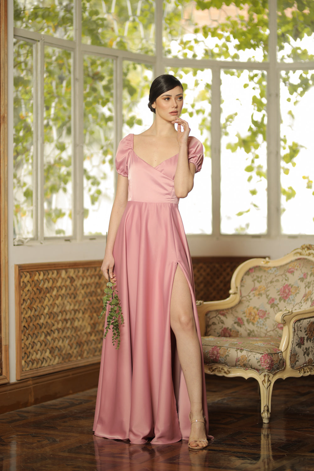 CASSANDRA Puff Sleeve Silk Maxi Dress with High Slit (Old Rose Silk)