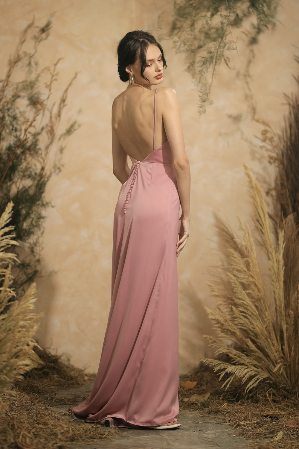 SOLEDAD Backless Maxi Dress with Back Button Detail and Trail (Old Ros Zoo Label SOLEDAD Backless Maxi Dress with Back Button Detail and Trail (Old Ros Zoo Label